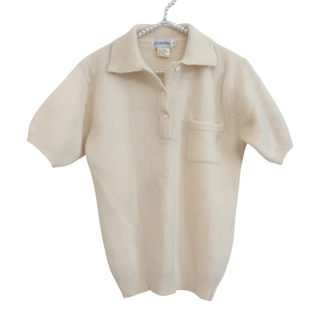 JH Collectibles Vintage Angora Lambswool Knit Polo Sweater Cream Ivory Small